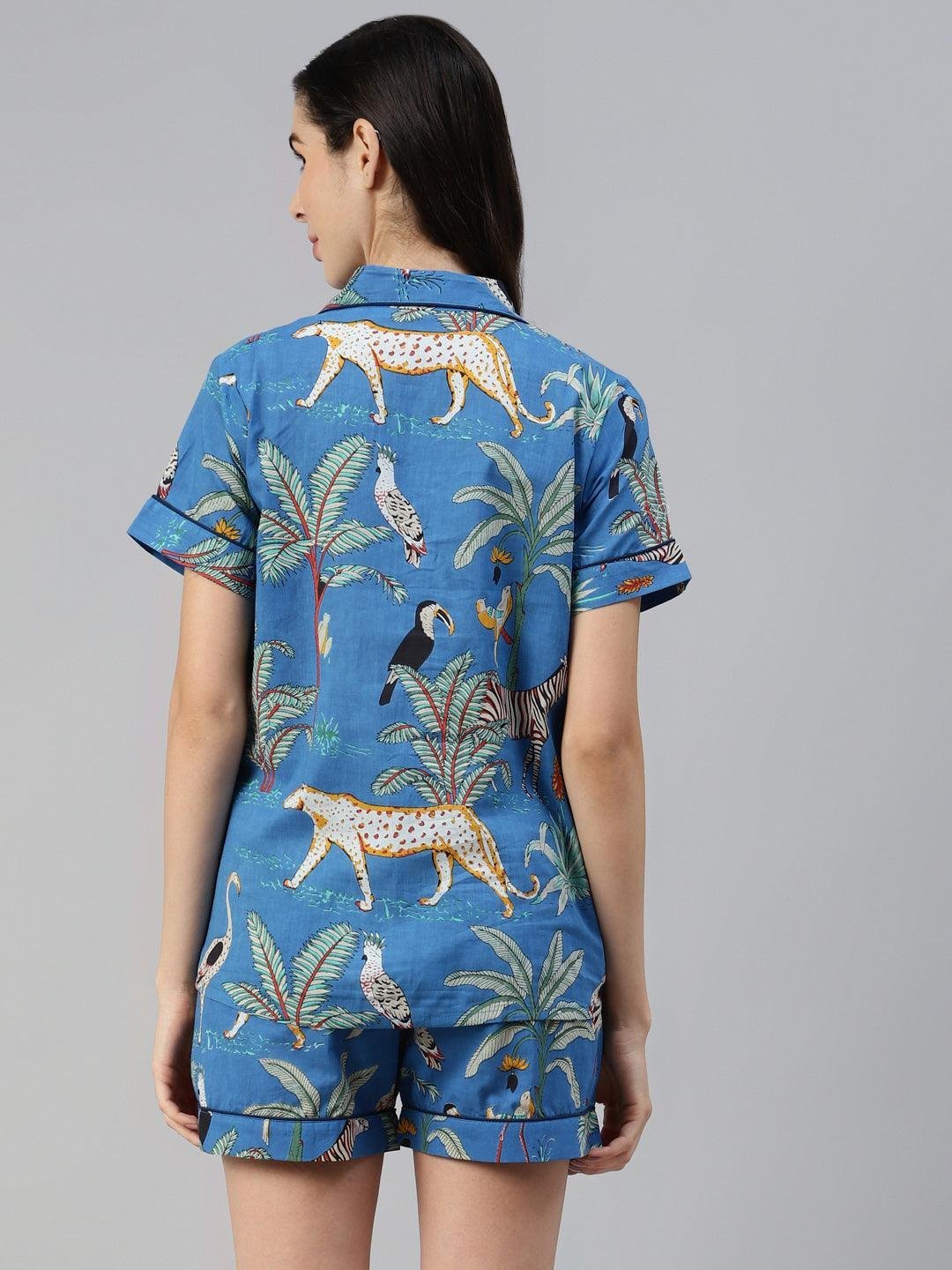 Teal blue Cotton Animal Print Night suit