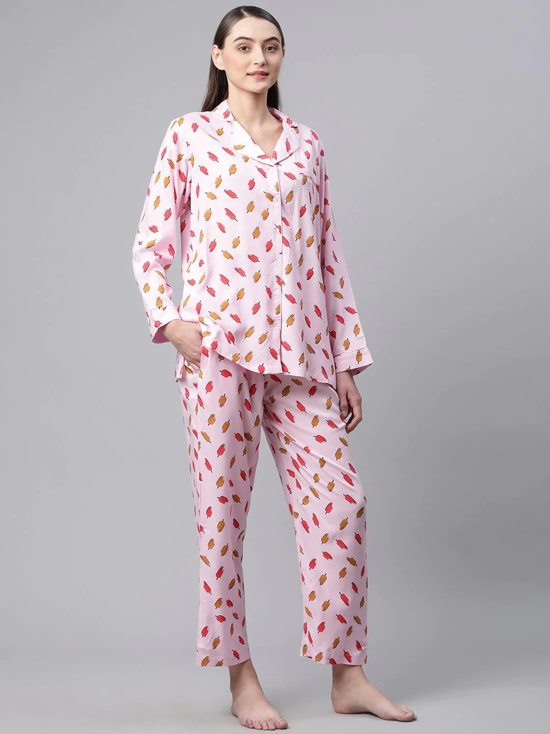 Light Pink Rayon Printed Night suit