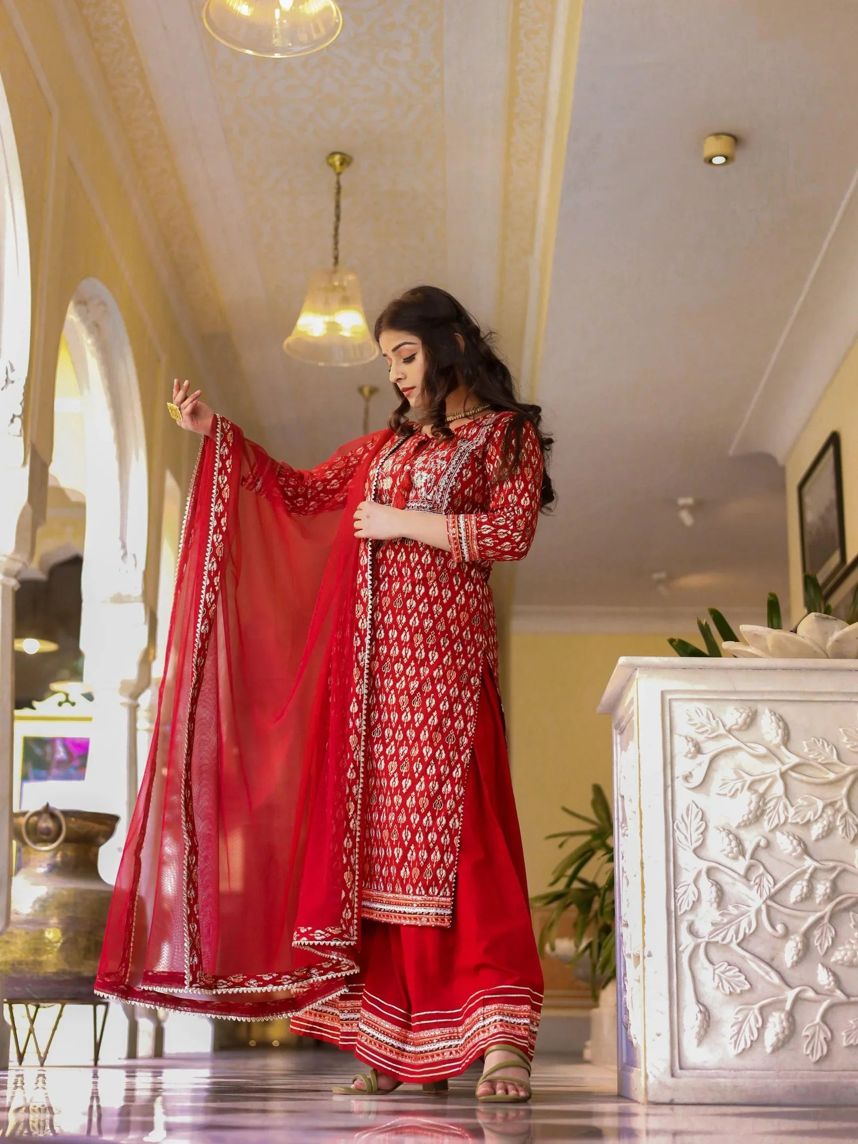 maroon Cotton Kurta palazzo set with net dupatta