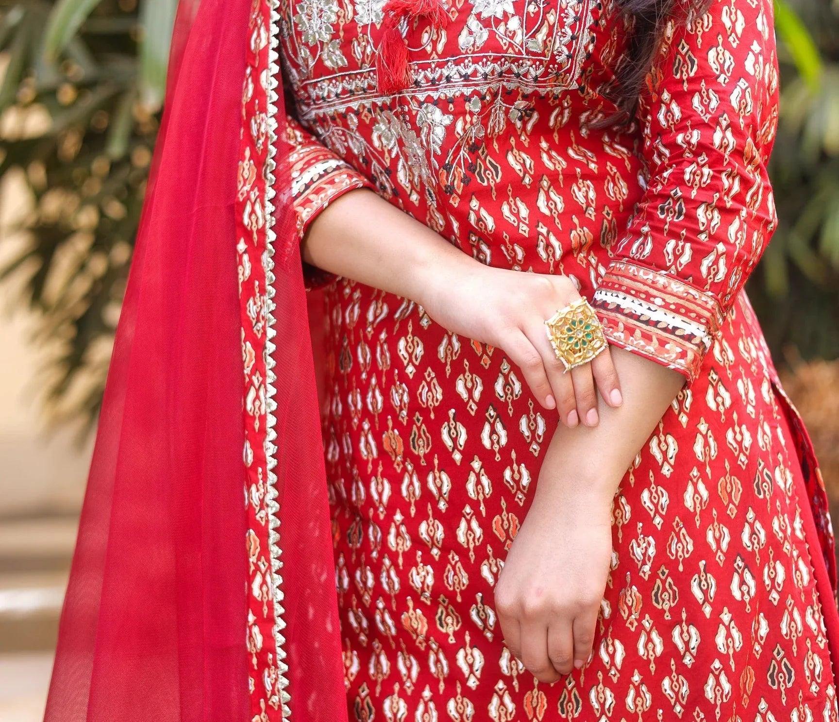 maroon Cotton Kurta palazzo set with net dupatta