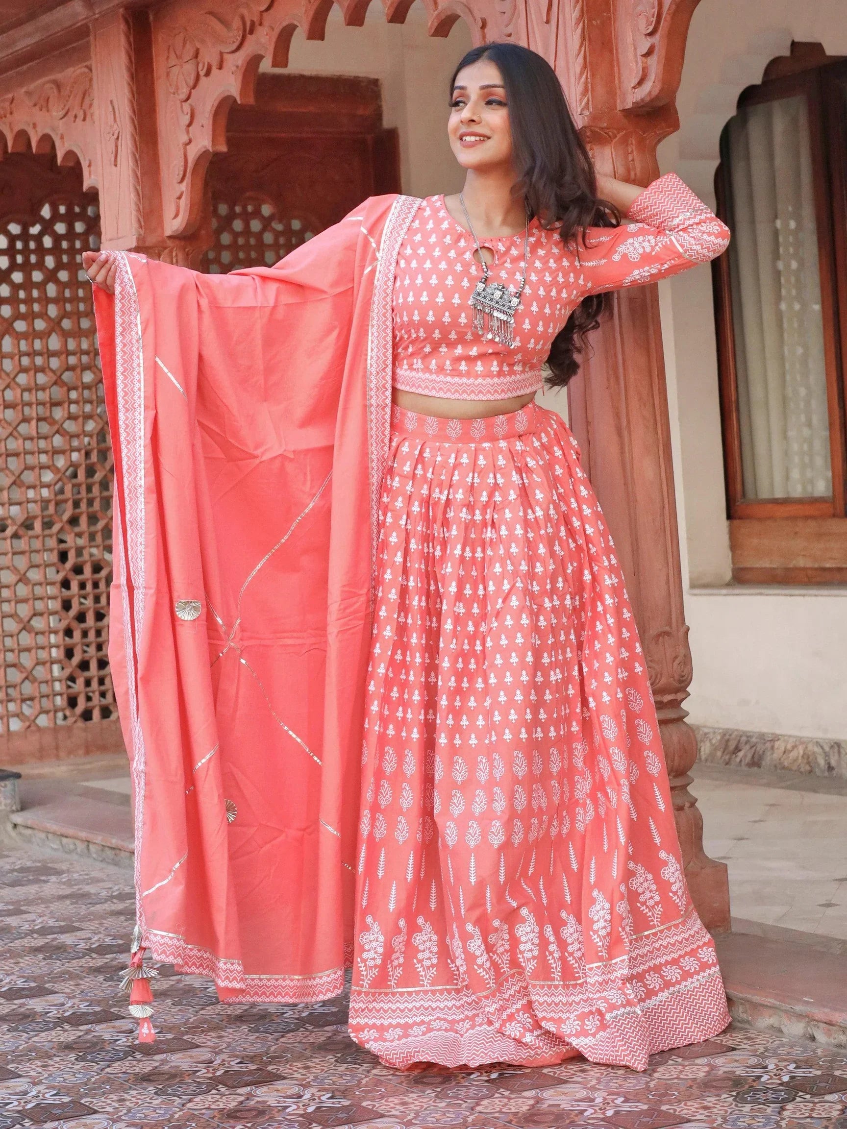 Pink Printed Crop Top, lehenga with Dupatta set