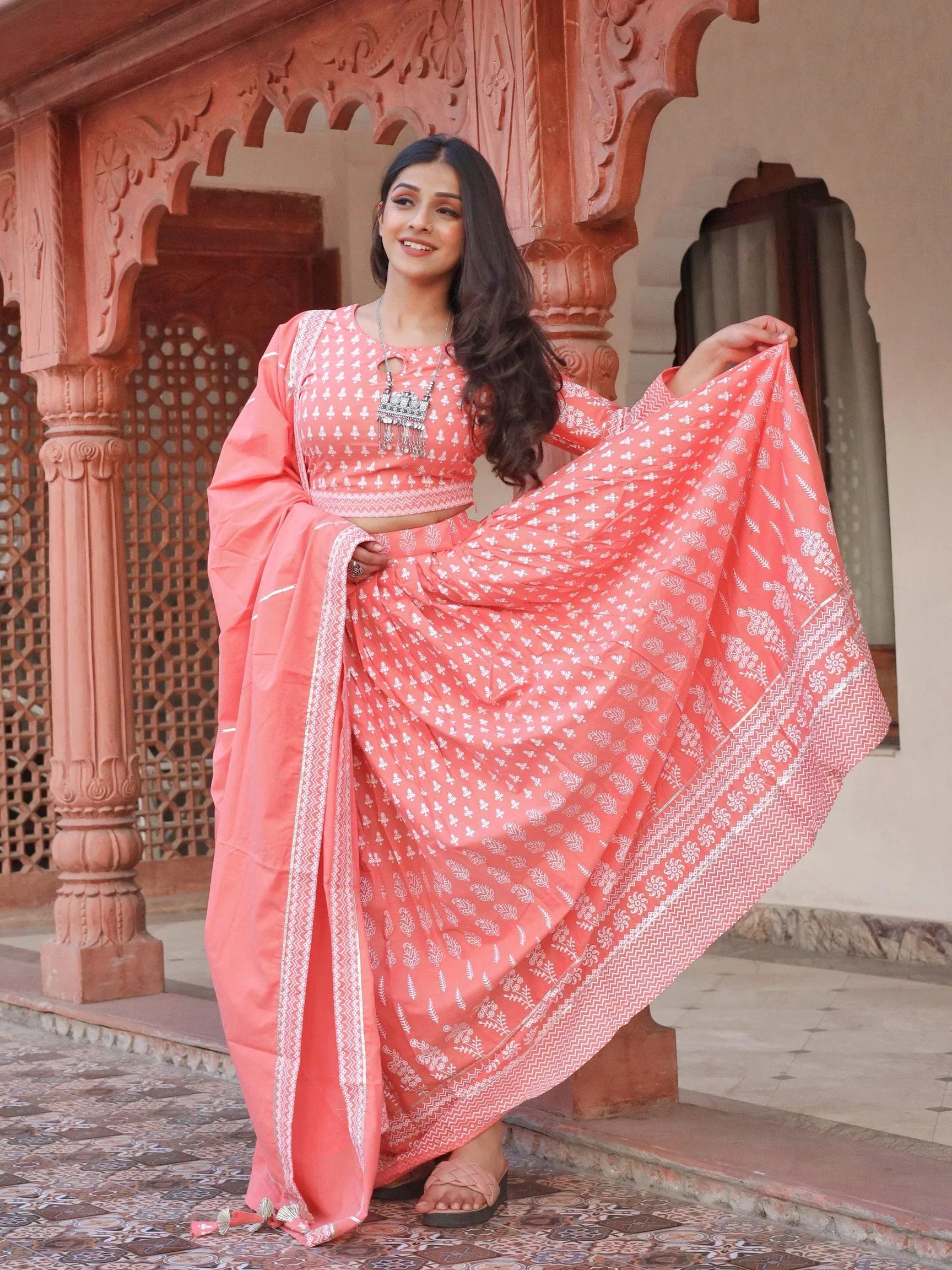 Pink Printed Crop Top, lehenga with Dupatta set