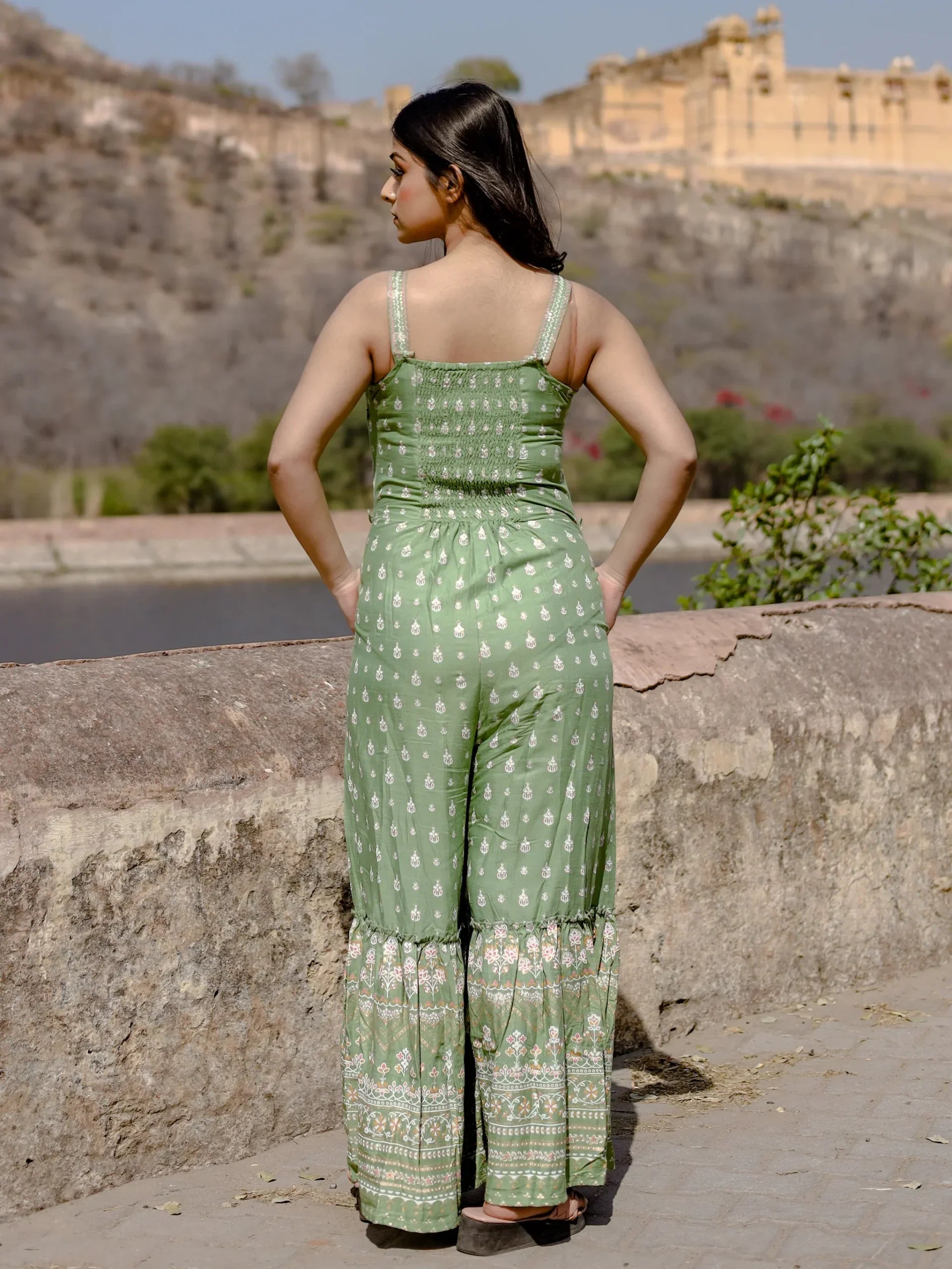 Green Angrakha Shoulder Strips Jumpsuit