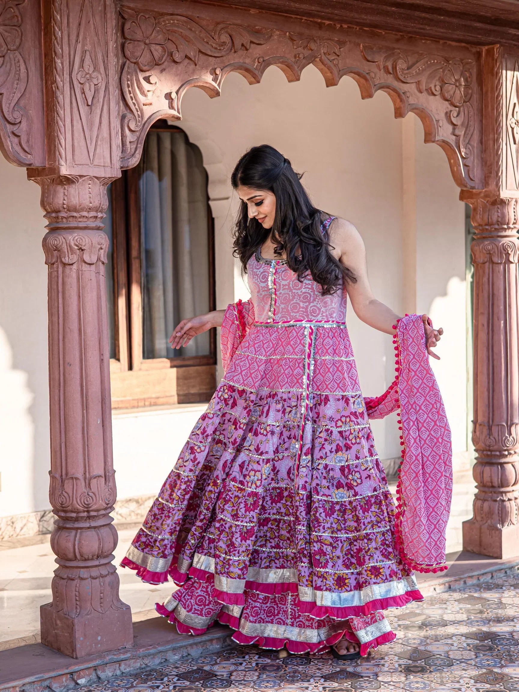 Pink Cotton Sleeves less Anarkali Sharara set with Dupatta