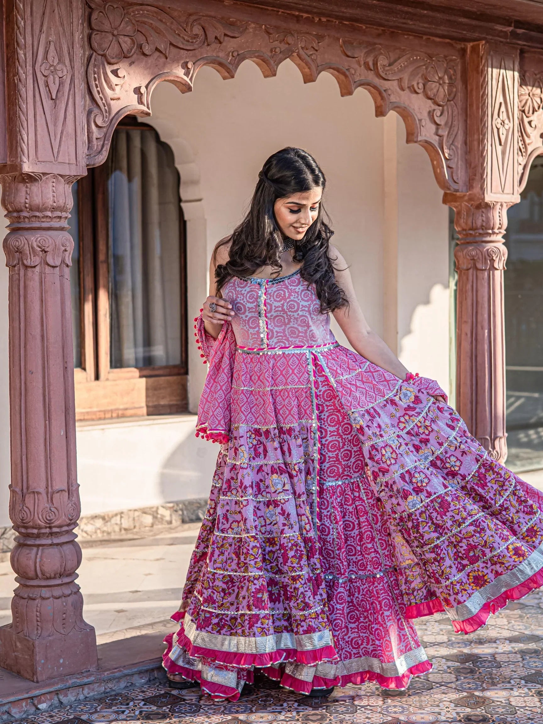 Pink Cotton Sleeves less Anarkali Sharara set with Dupatta