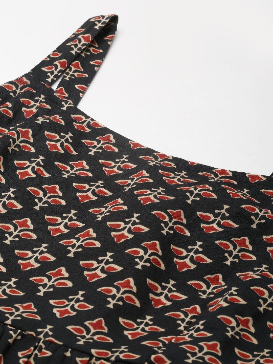 Black Floral Printed Shoulder Strip Long dress