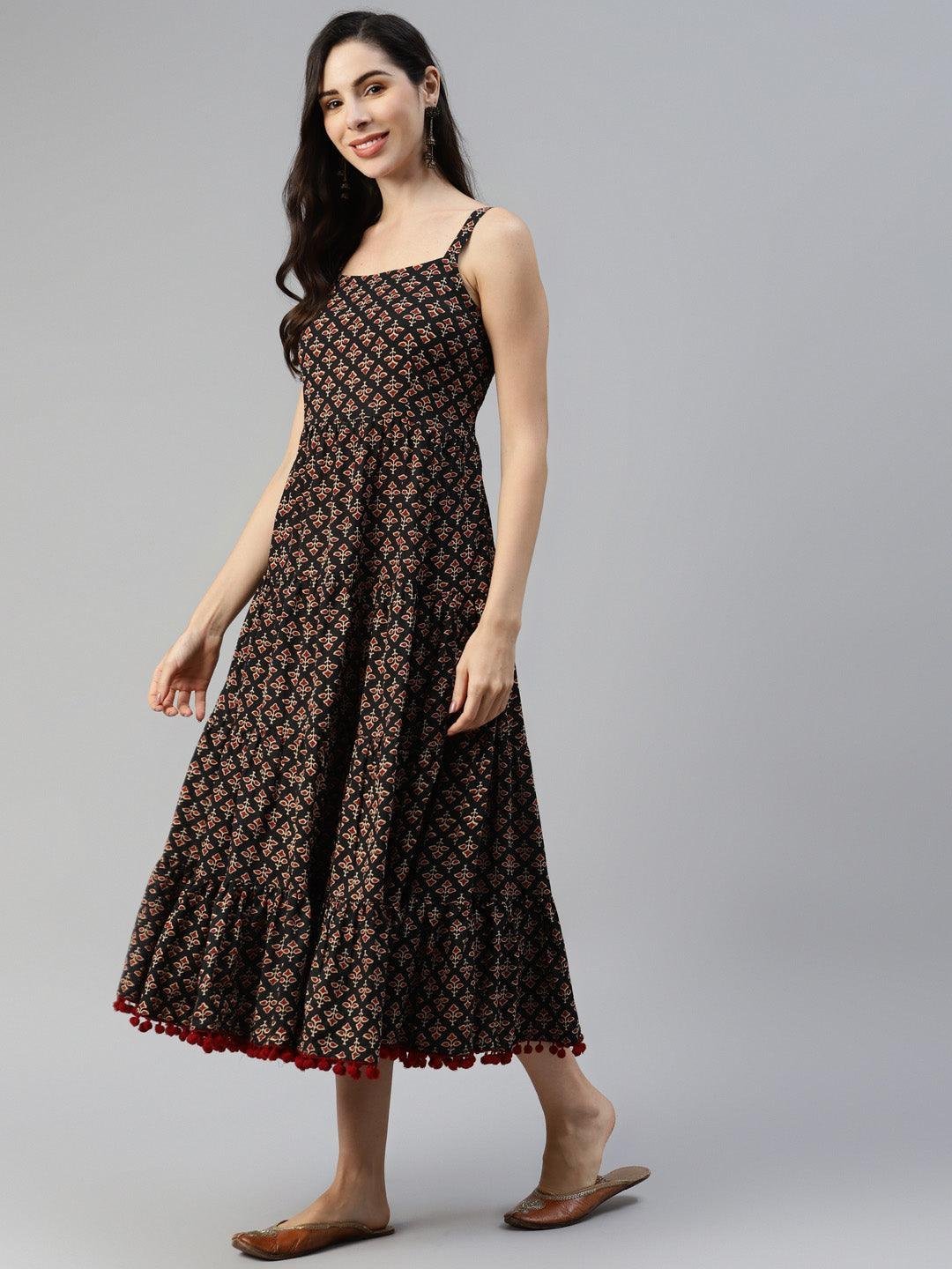 Black Floral Printed Shoulder Strip Long dress