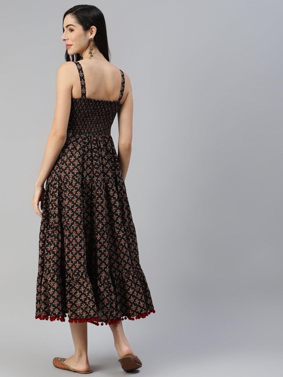 Black Floral Printed Shoulder Strip Long dress