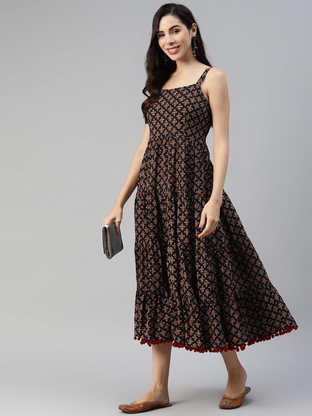 Black Floral Printed Shoulder Strip Long dress