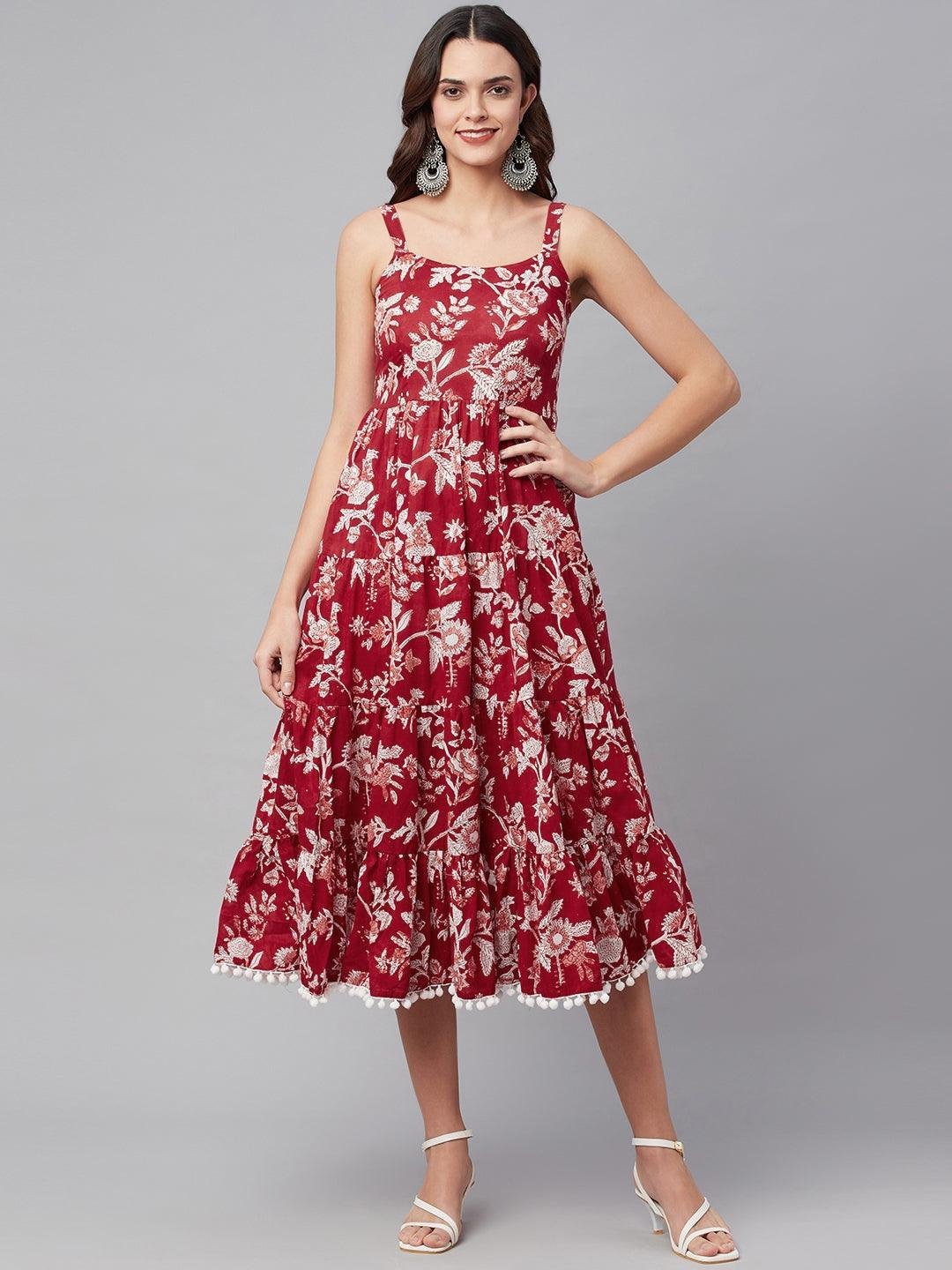 Red Floral Printed Shoulder Strap Long dress