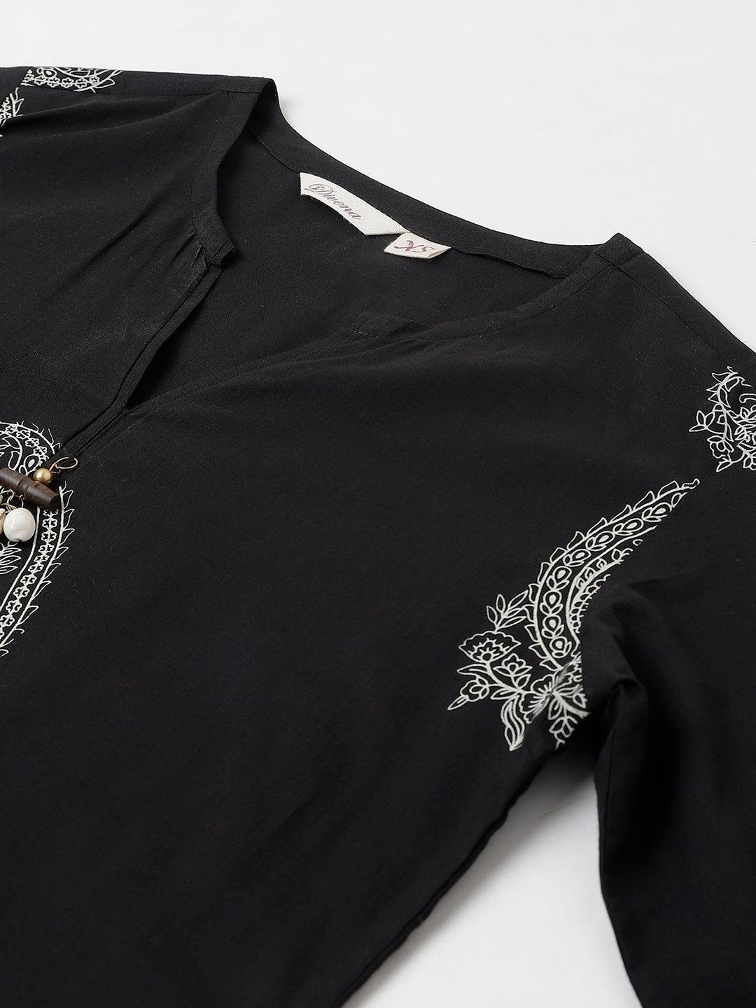 Black Cotton Straight Kurta Hem Cuffed Pant set