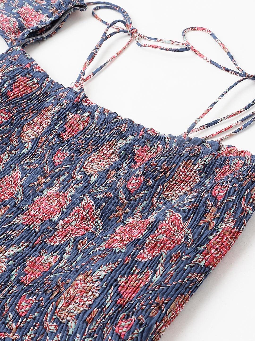 Blue Floral Printed Shoulder Strips Flared Long Dress