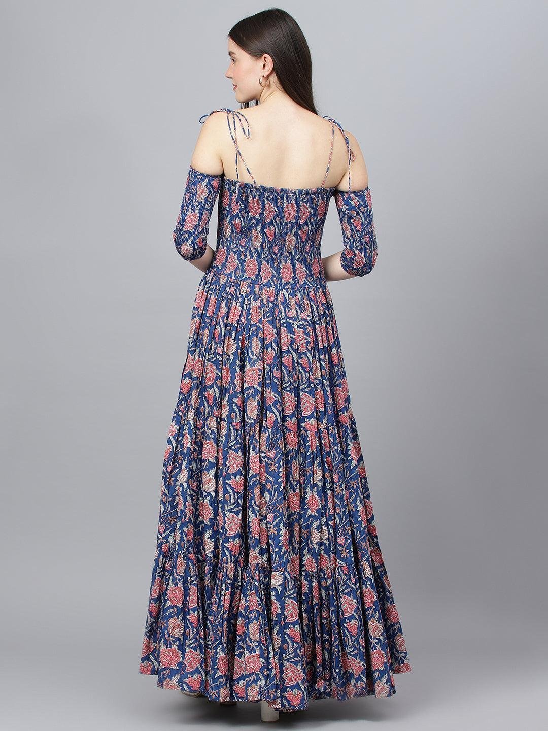 Blue Floral Printed Shoulder Strips Flared Long Dress