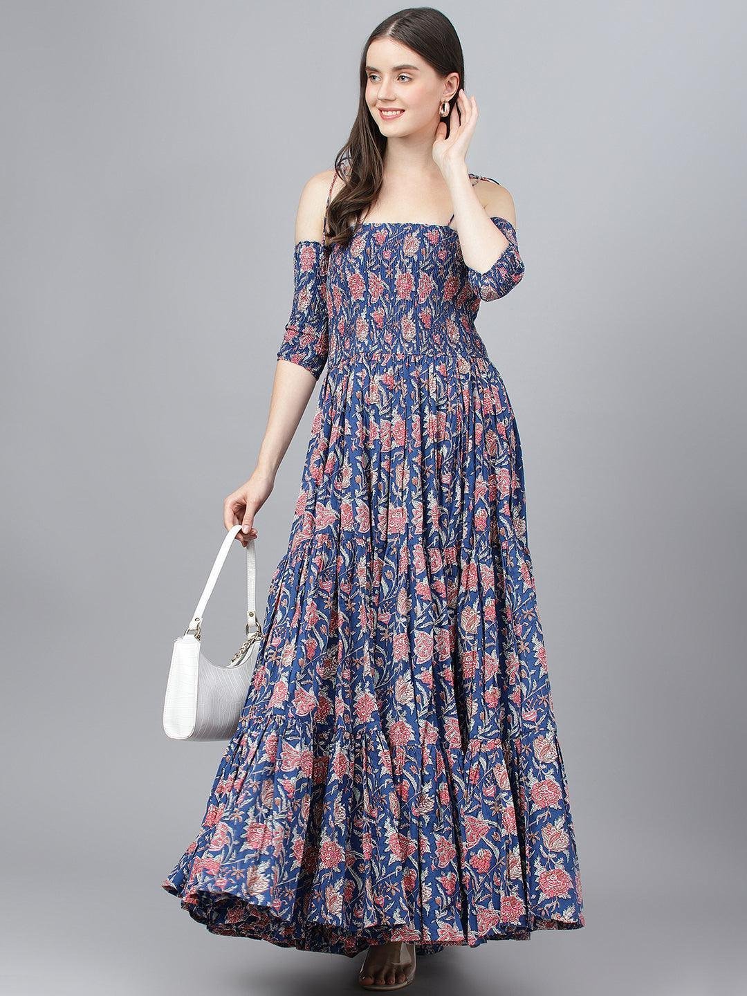 Blue Floral Printed Shoulder Strips Flared Long Dress