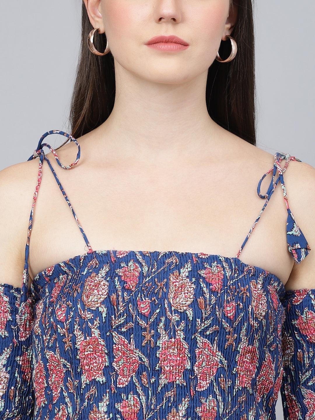 Blue Floral Printed Shoulder Strips Flared Long Dress