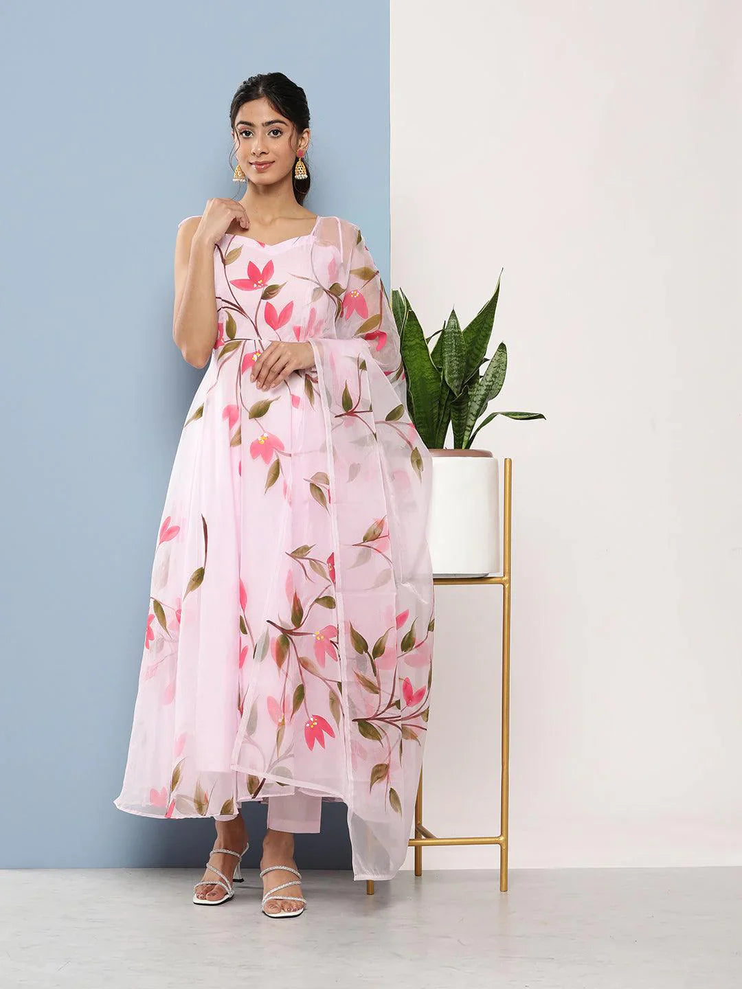 Pink Hand Painted Floral Organza Anarkali Kurta Pant Set with Dupatta