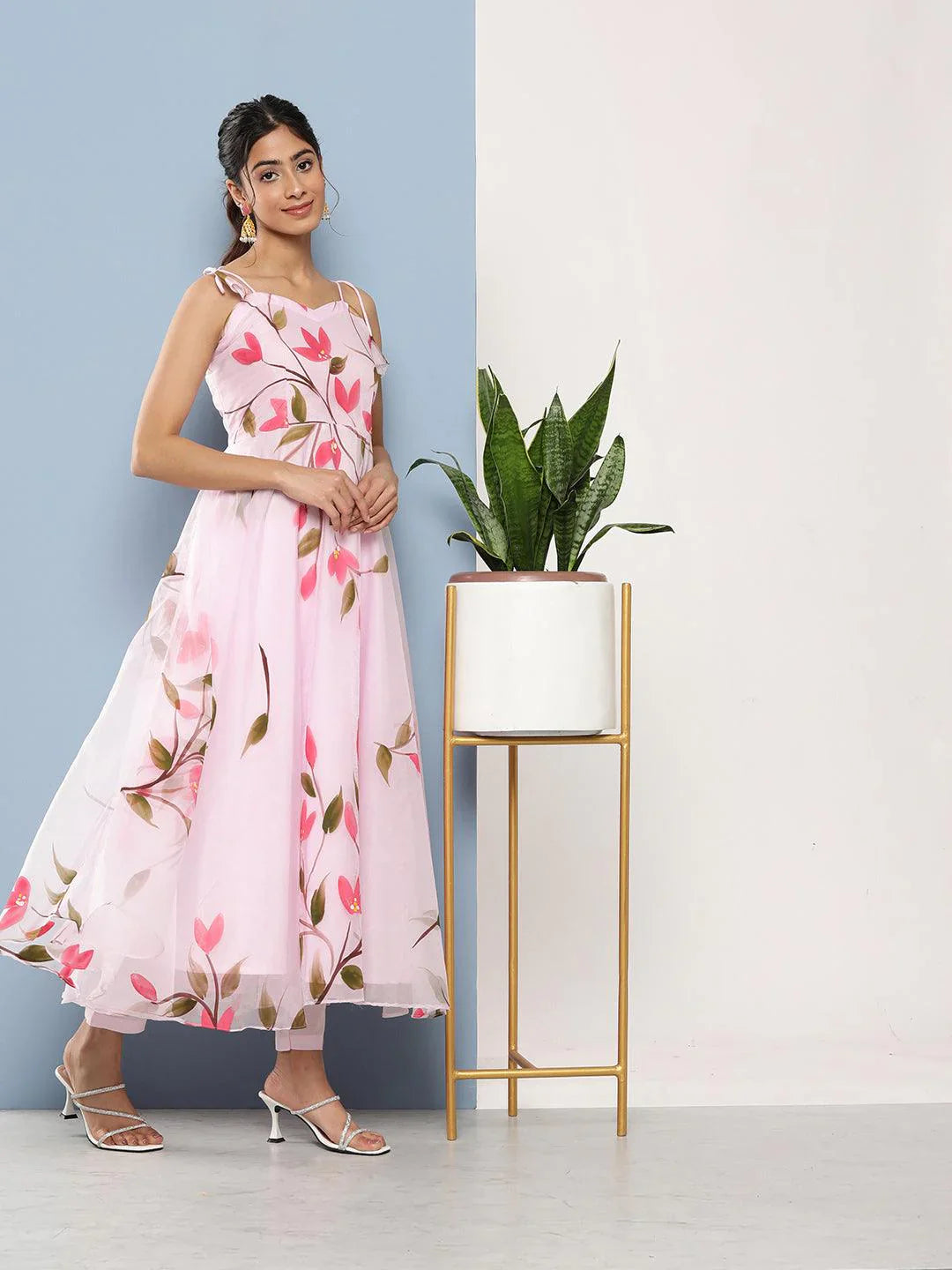 Pink Hand Painted Floral Organza Anarkali Kurta Pant Set with Dupatta