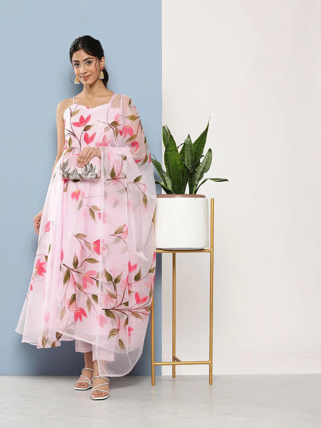 Pink Hand Painted Floral Organza Anarkali Kurta Pant Set with Dupatta