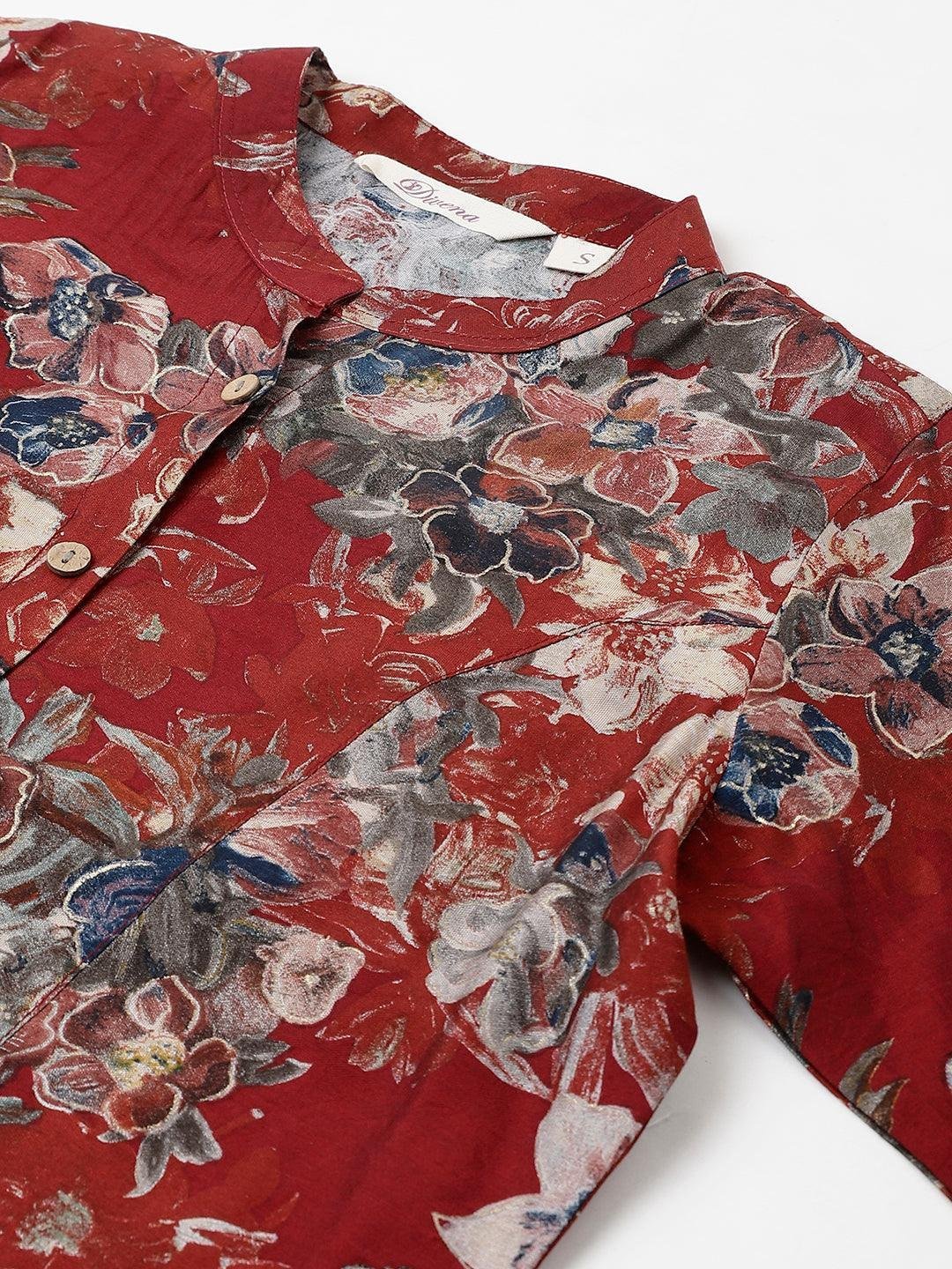 Maroon Floral Printed Modal A-Line Shirts Style Top