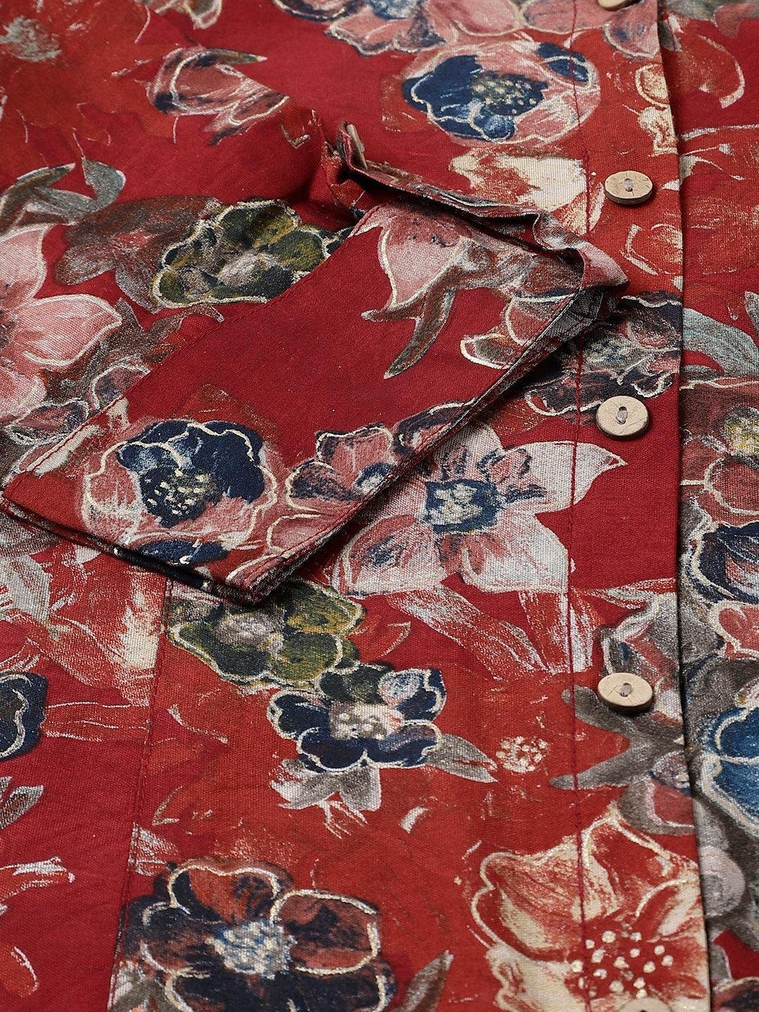 Maroon Floral Printed Modal A-Line Shirts Style Top