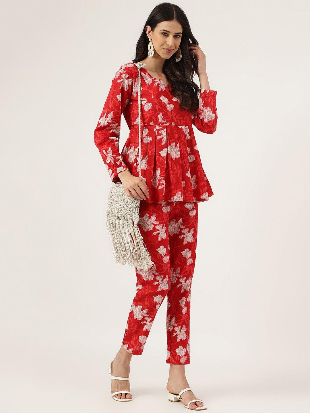 Red Cotton Peplum Top Pant Co-ords Sets
