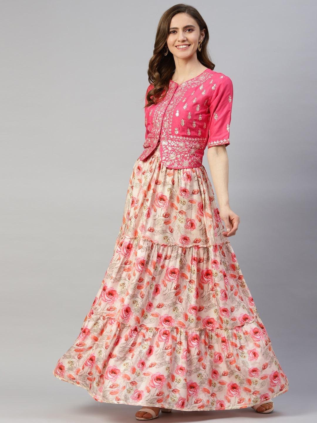 Pink Raw Silk Top with skirt set