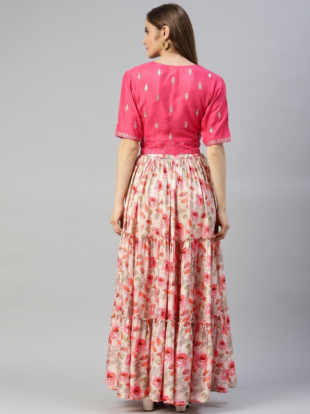 Pink Raw Silk Top with skirt set