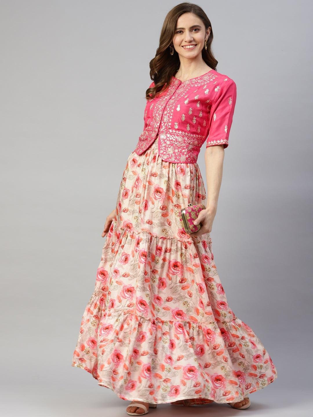 Pink Raw Silk Top with skirt set