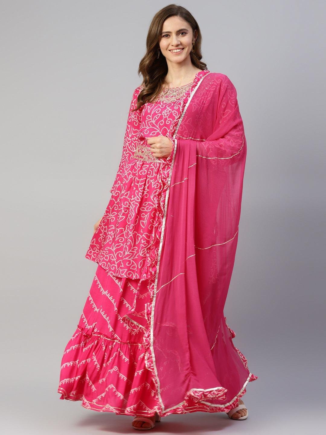 Pink Muslin Bandhani Printed Embroidery Peplum Kurta Sharara Set with Dupatta