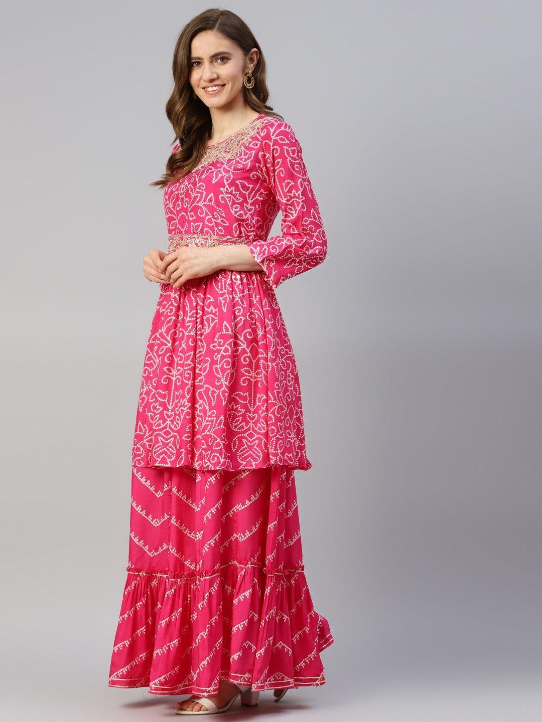 Pink Muslin Bandhani Printed Embroidery Peplum Kurta Sharara Set with Dupatta