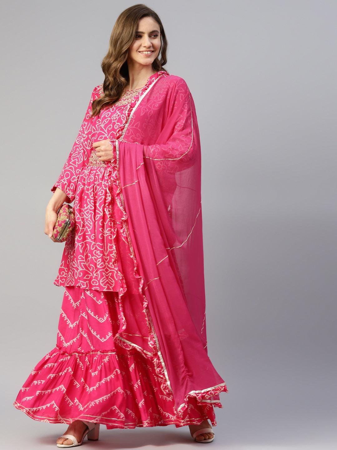 Pink Muslin Bandhani Printed Embroidery Peplum Kurta Sharara Set with Dupatta