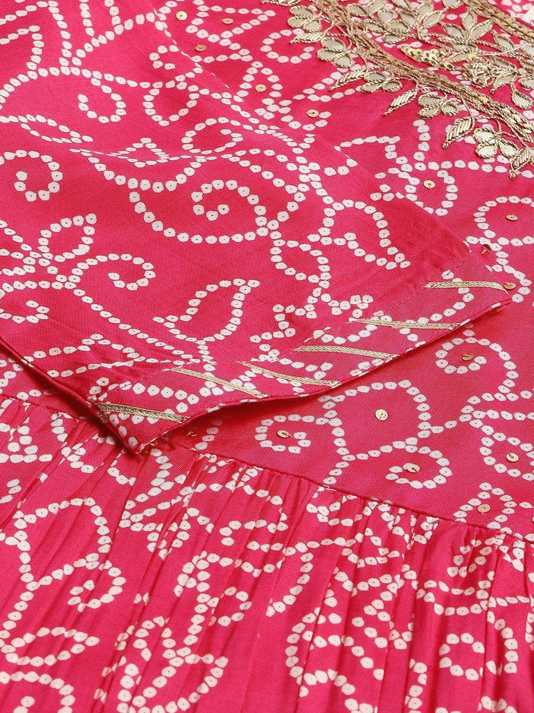 Pink Muslin Bandhani Printed Embroidery Peplum Kurta Sharara Set with Dupatta