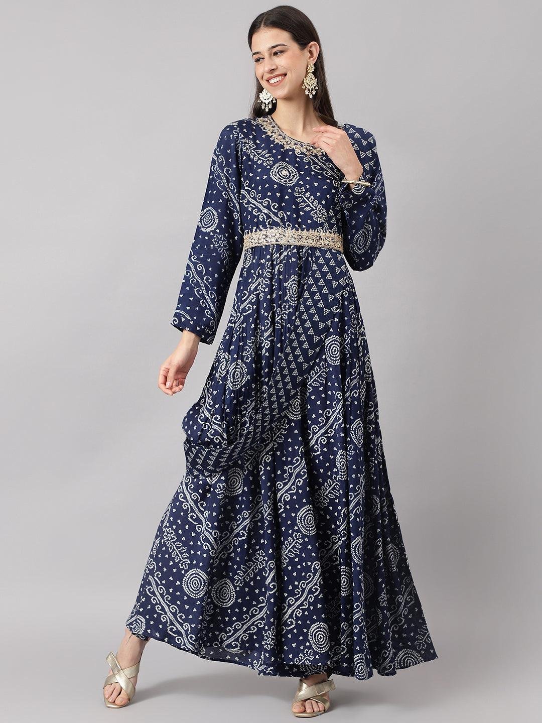 Navy Blue bandhani Printed Muslin Zari work Drape style Flared Gown