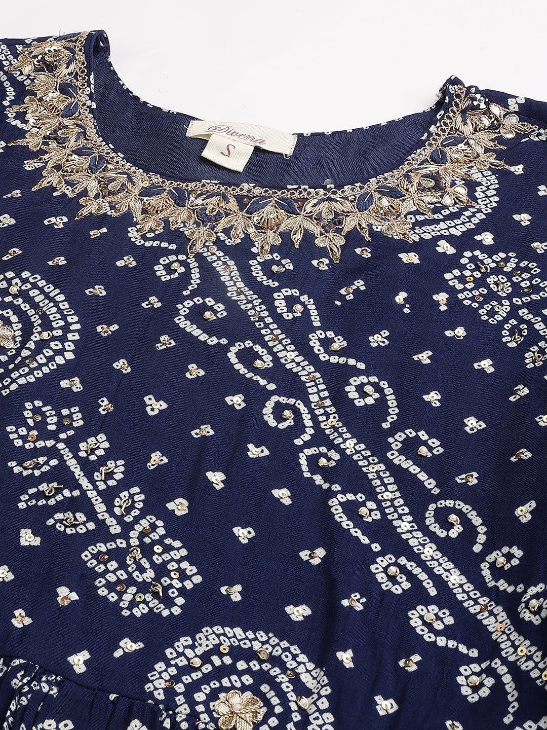 Navy Blue bandhani Printed Muslin Zari work Drape style Flared Gown