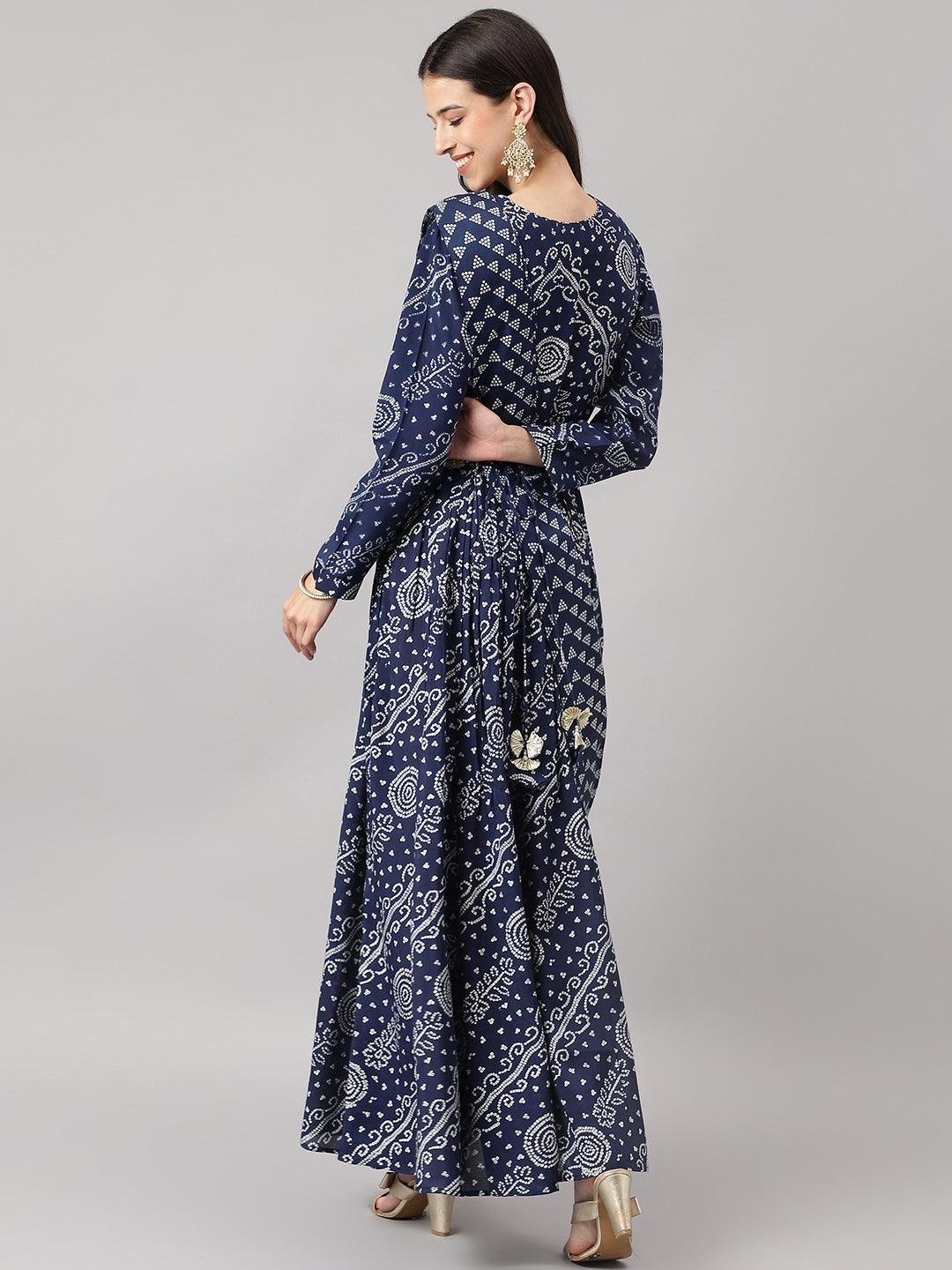 Navy Blue bandhani Printed Muslin Zari work Drape style Flared Gown