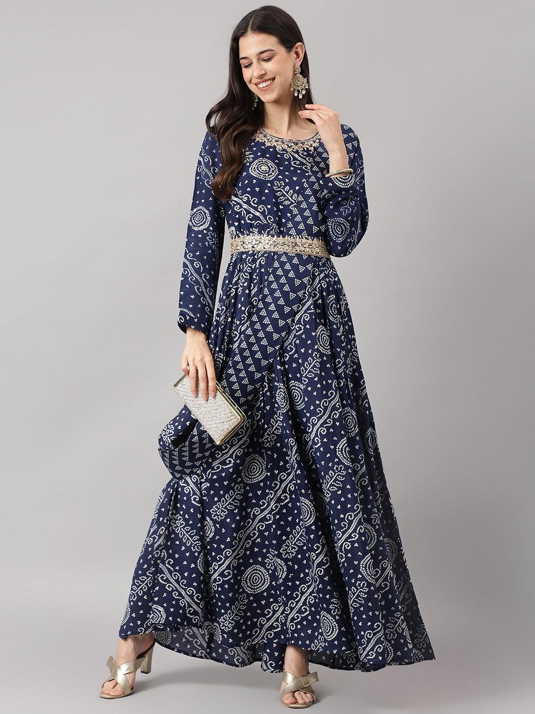 Navy Blue bandhani Printed Muslin Zari work Drape style Flared Gown
