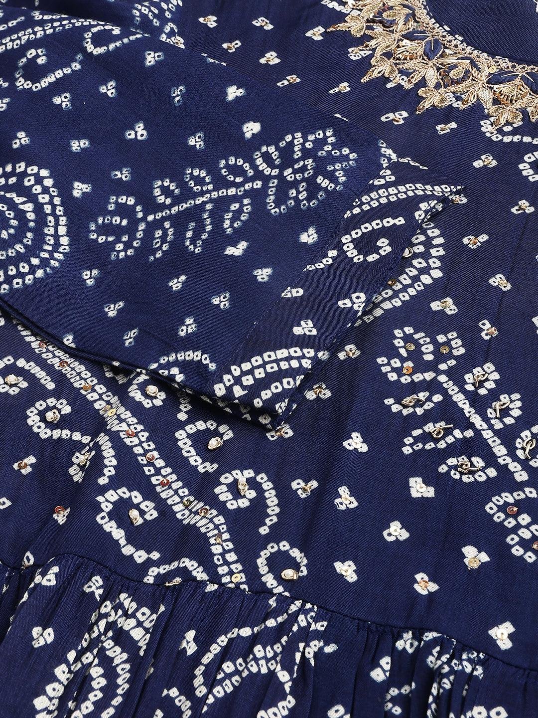 Navy Blue bandhani Printed Muslin Zari work Drape style Flared Gown