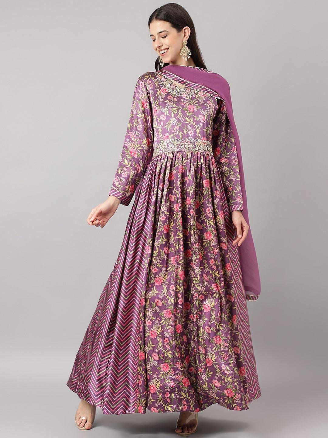 Multi Gaji Silk Floral Sequin work with Dupatta Flared Gown