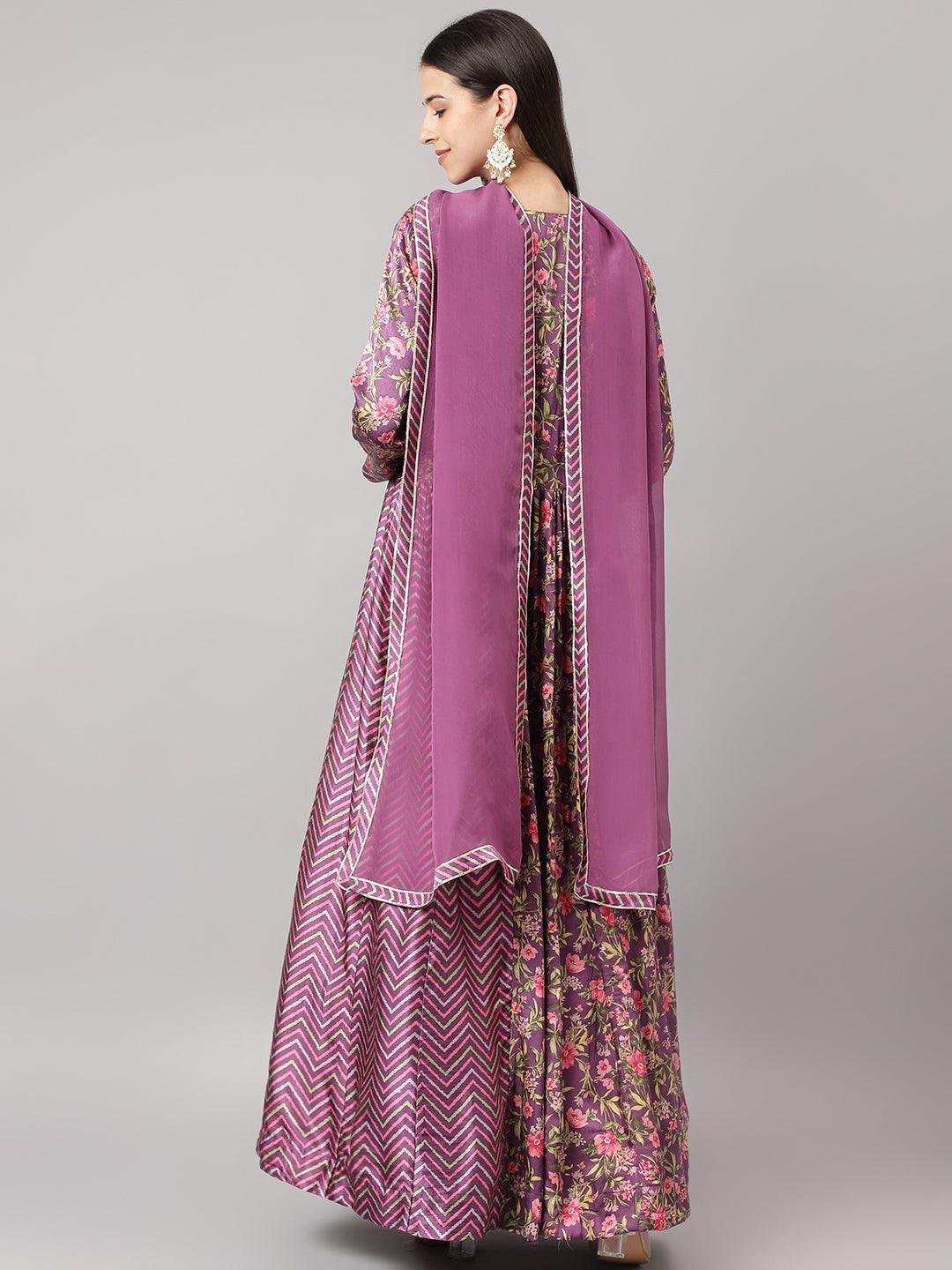 Multi Gaji Silk Floral Sequin work with Dupatta Flared Gown