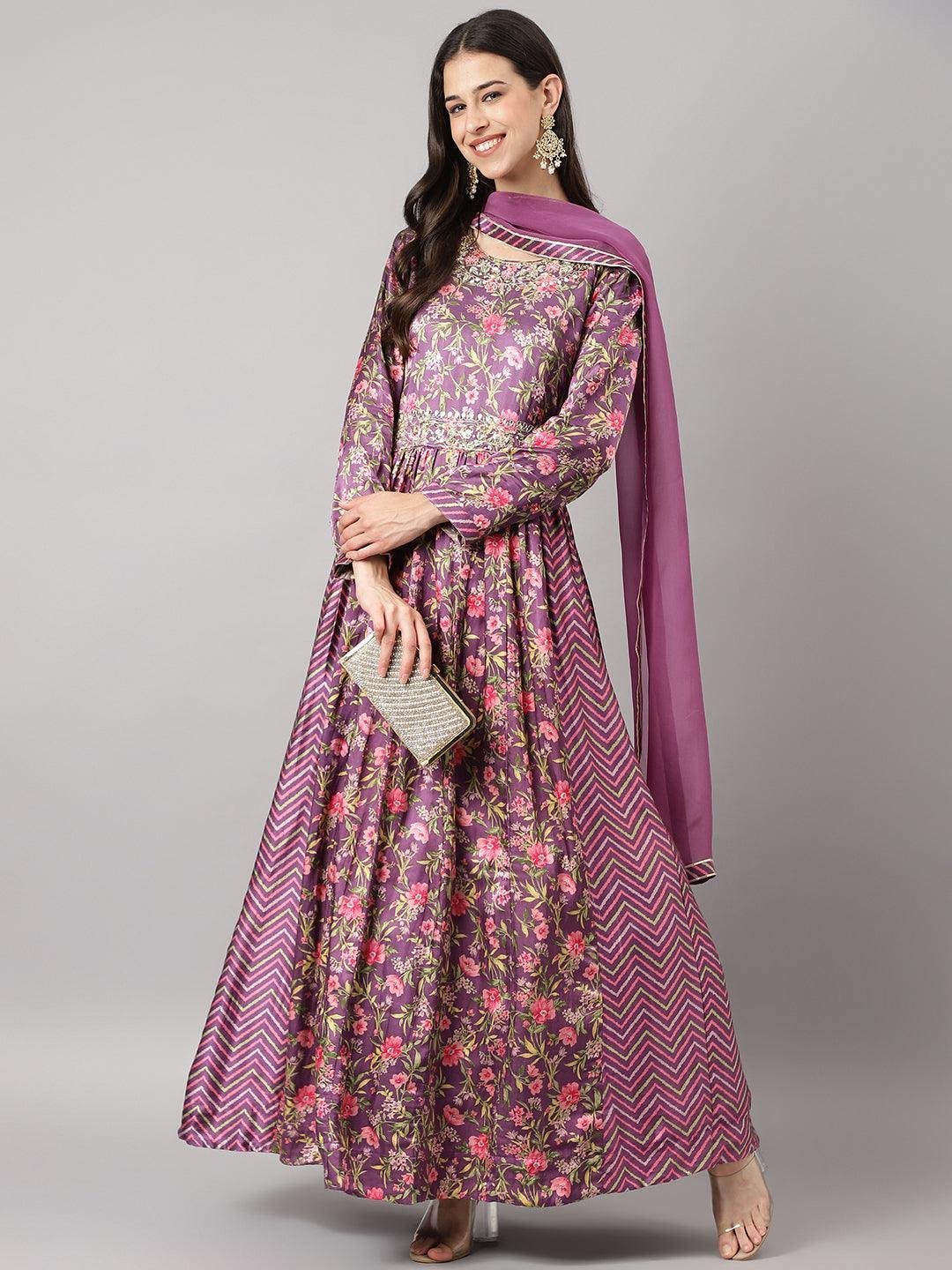 Multi Gaji Silk Floral Sequin work with Dupatta Flared Gown