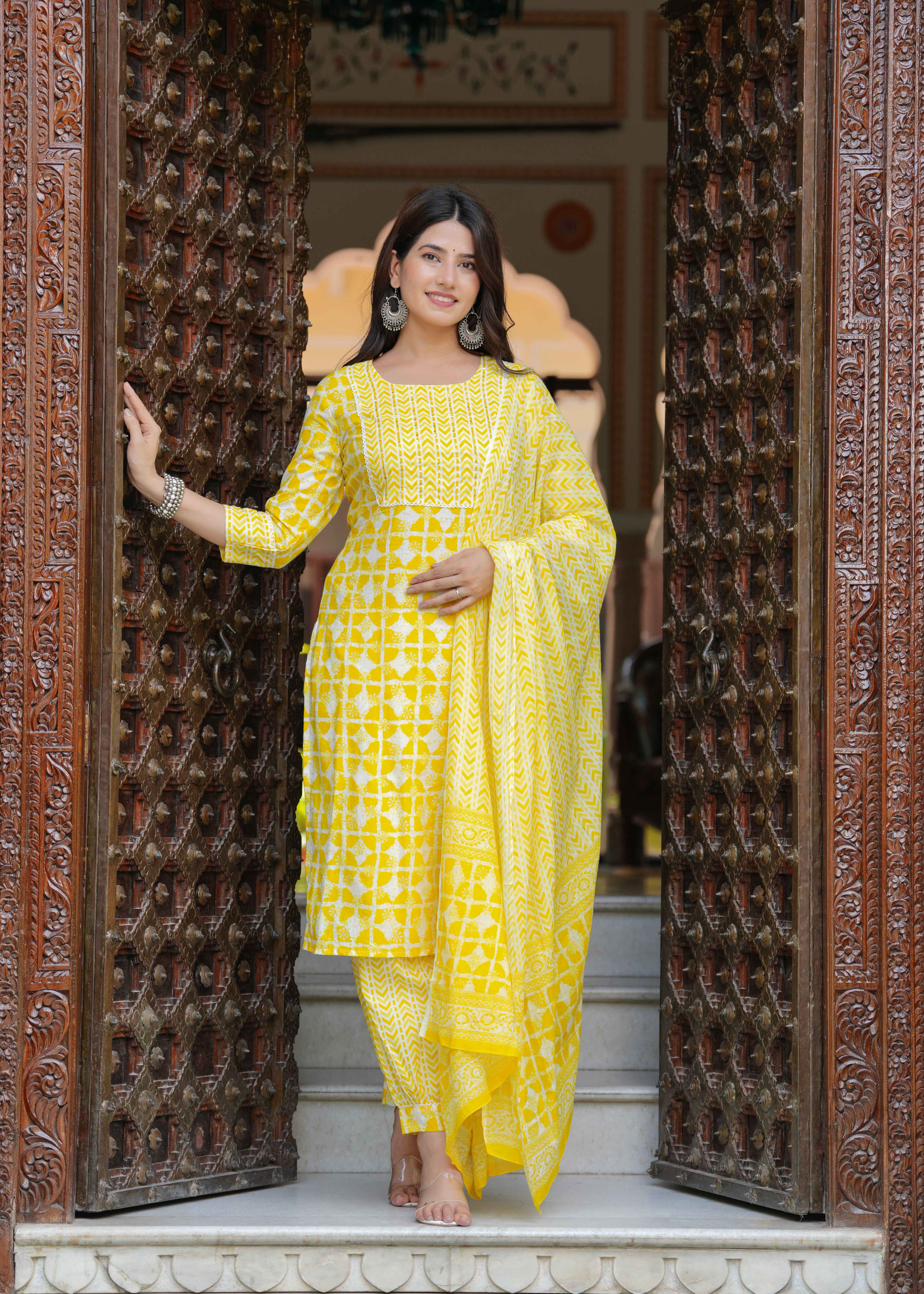 Rayon Light Yellow A-Line Floral Printed Midi Dress