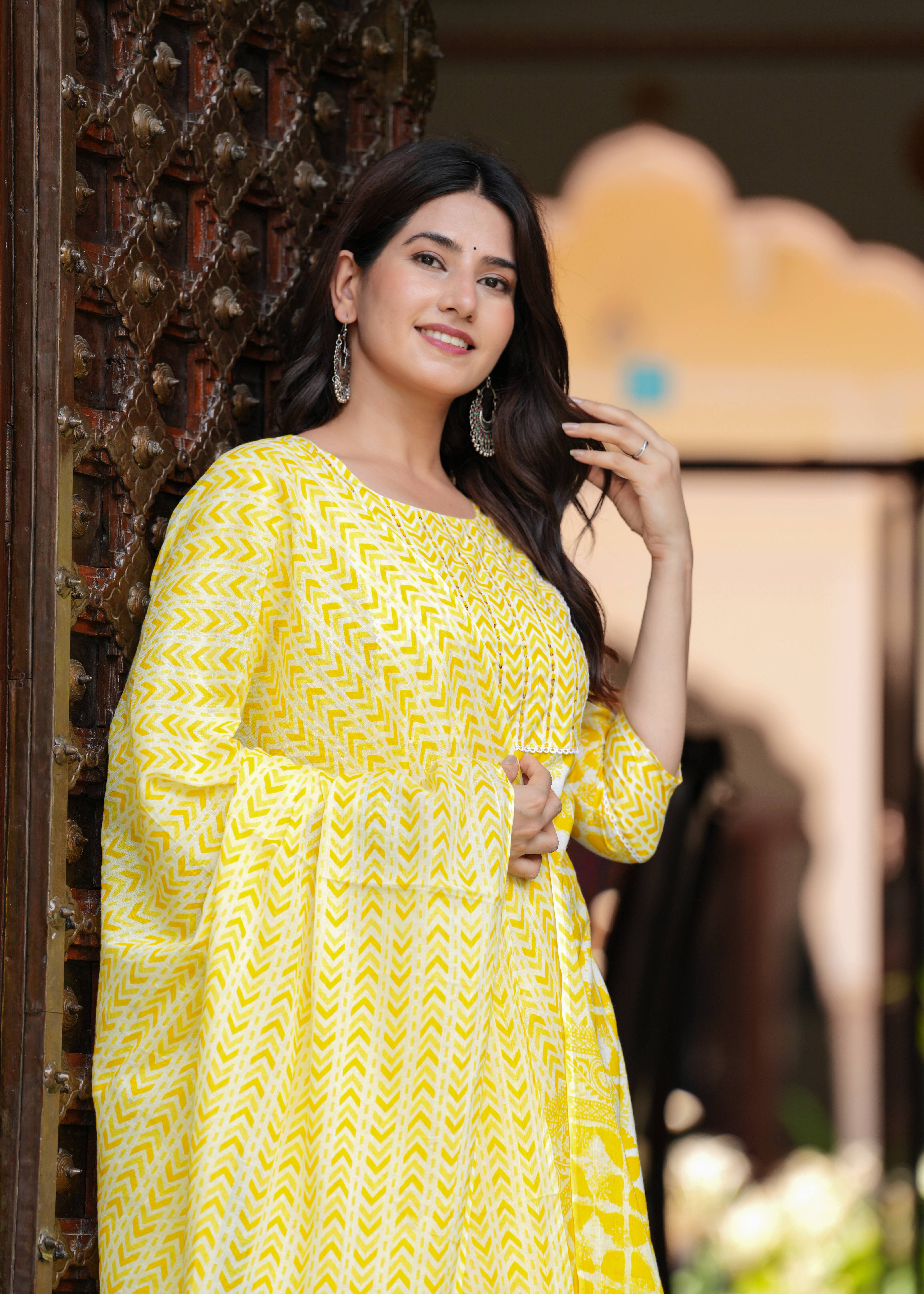 Rayon Light Yellow A-Line Floral Printed Midi Dress