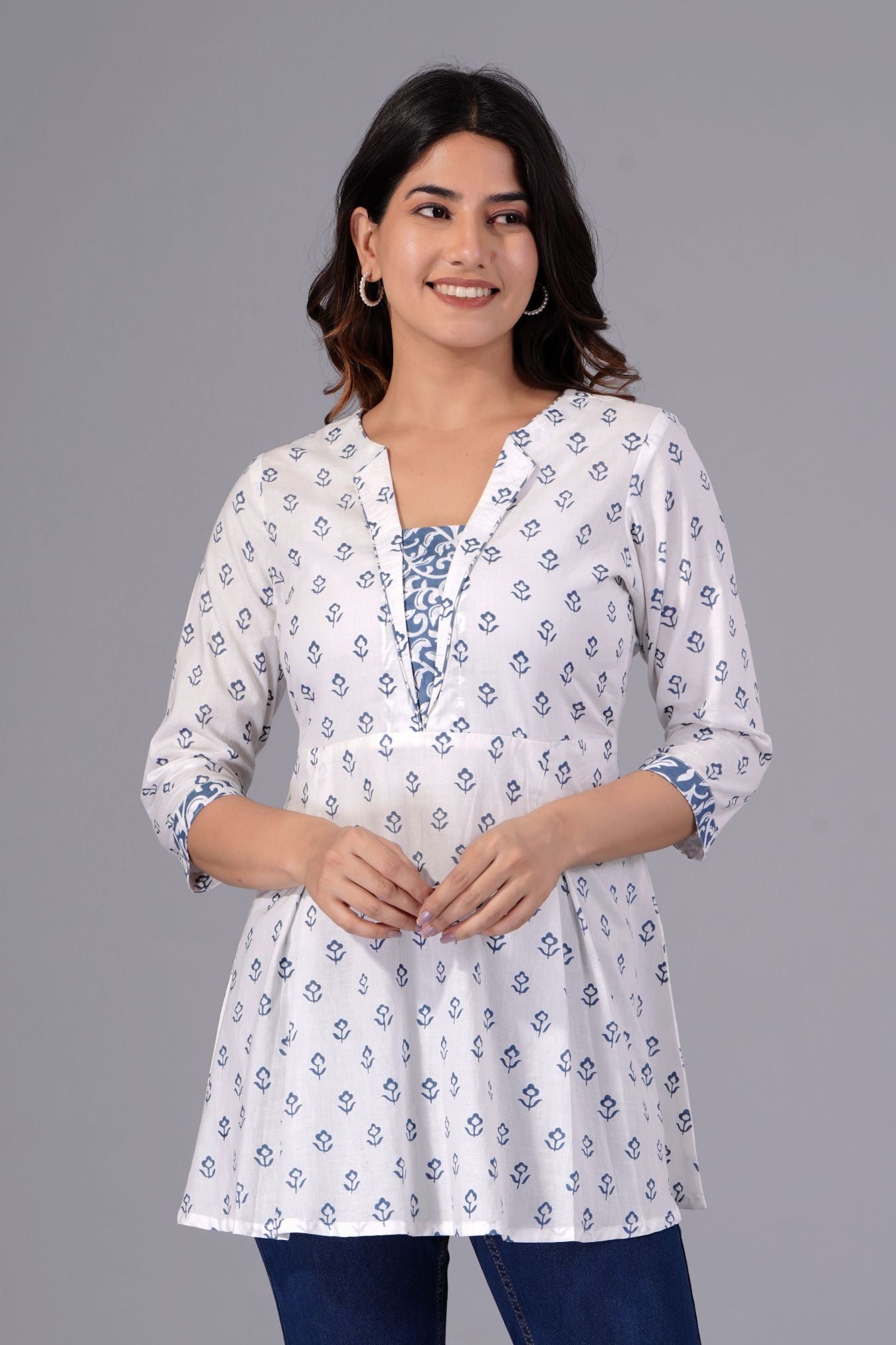 White & Blue Floral Printed Cotton Peplum Top