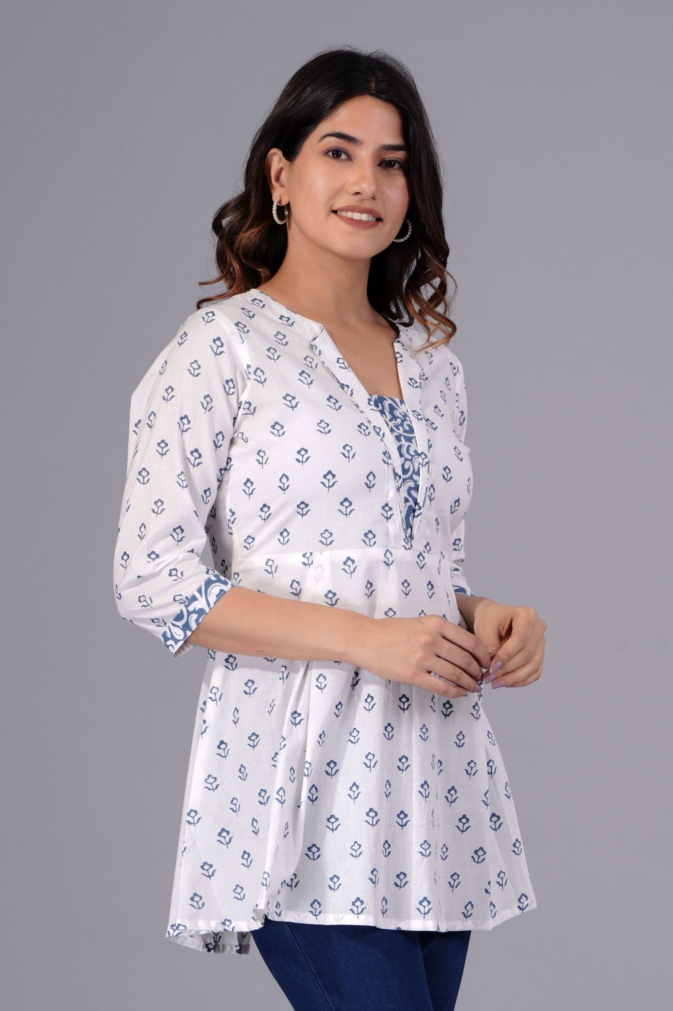 White & Blue Floral Printed Cotton Peplum Top