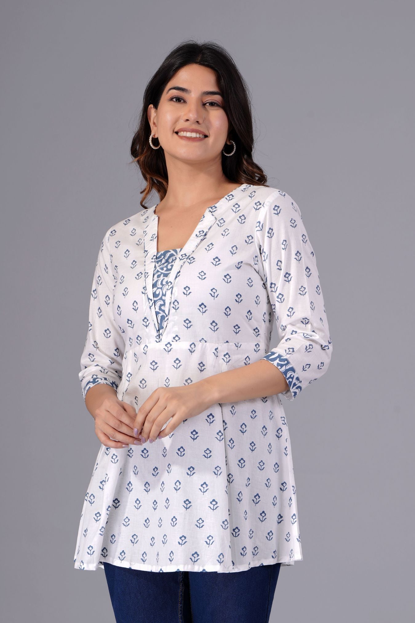 White & Blue Floral Printed Cotton Peplum Top