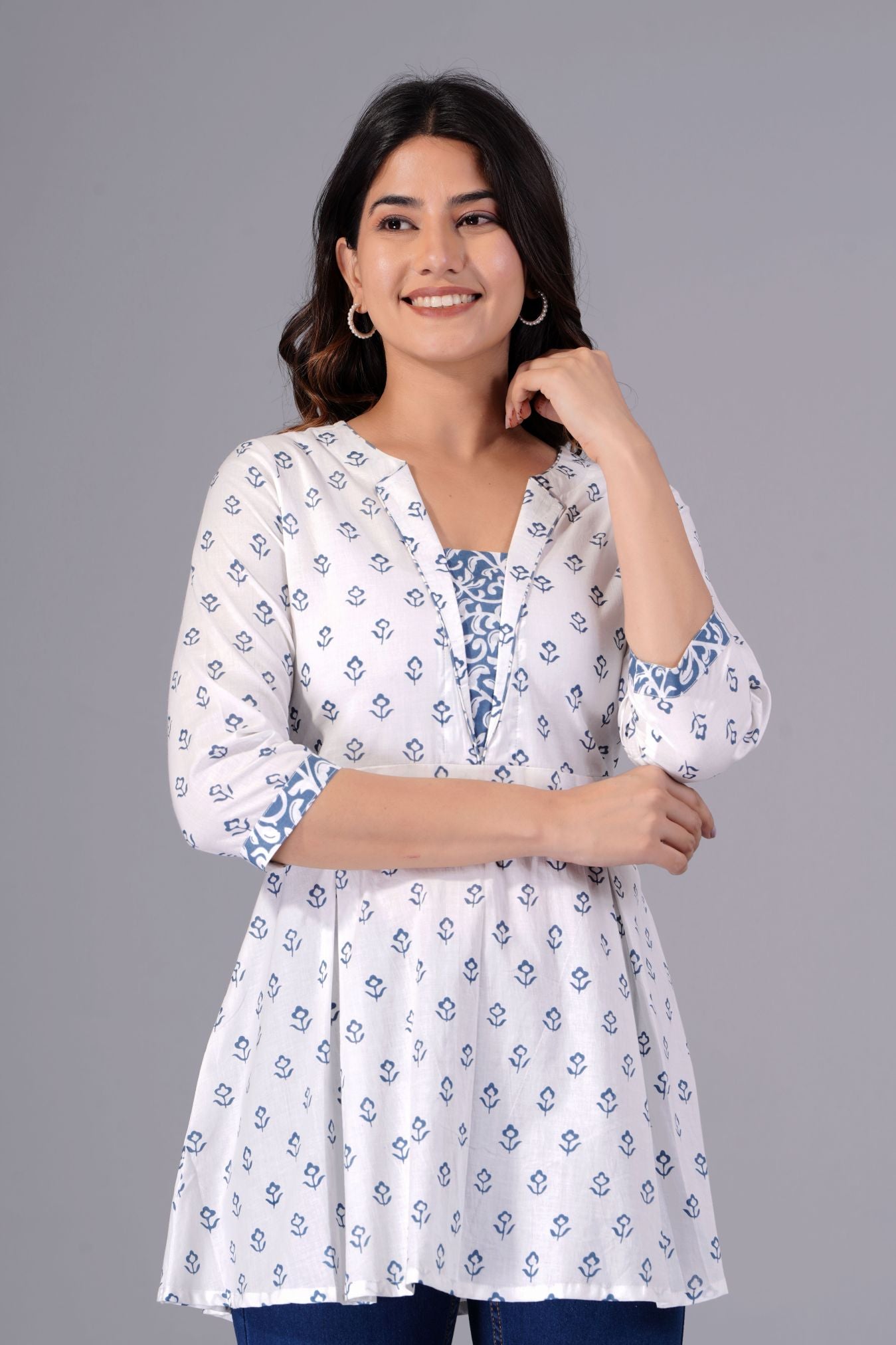 White & Blue Floral Printed Cotton Peplum Top