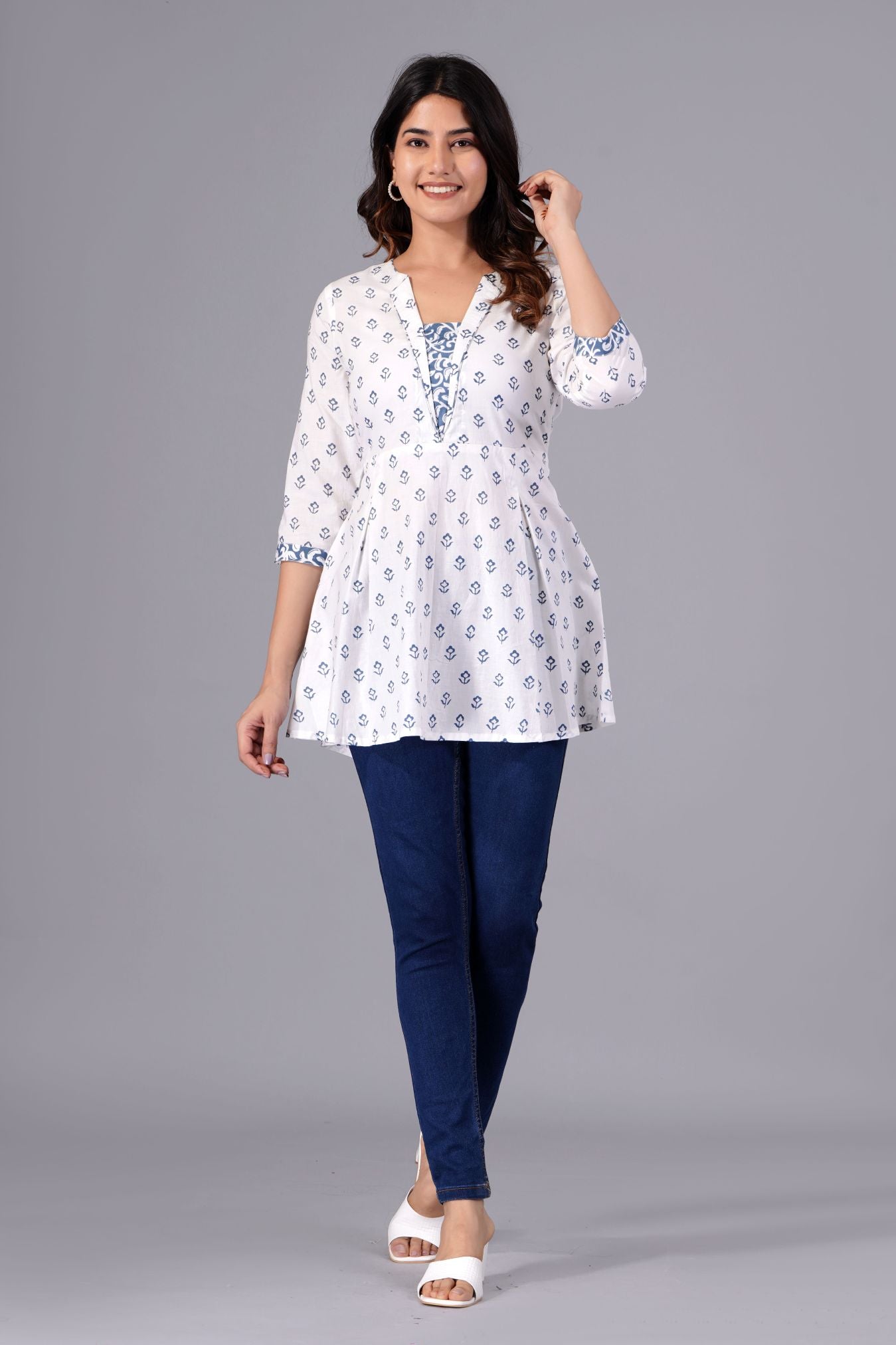 White & Blue Floral Printed Cotton Peplum Top
