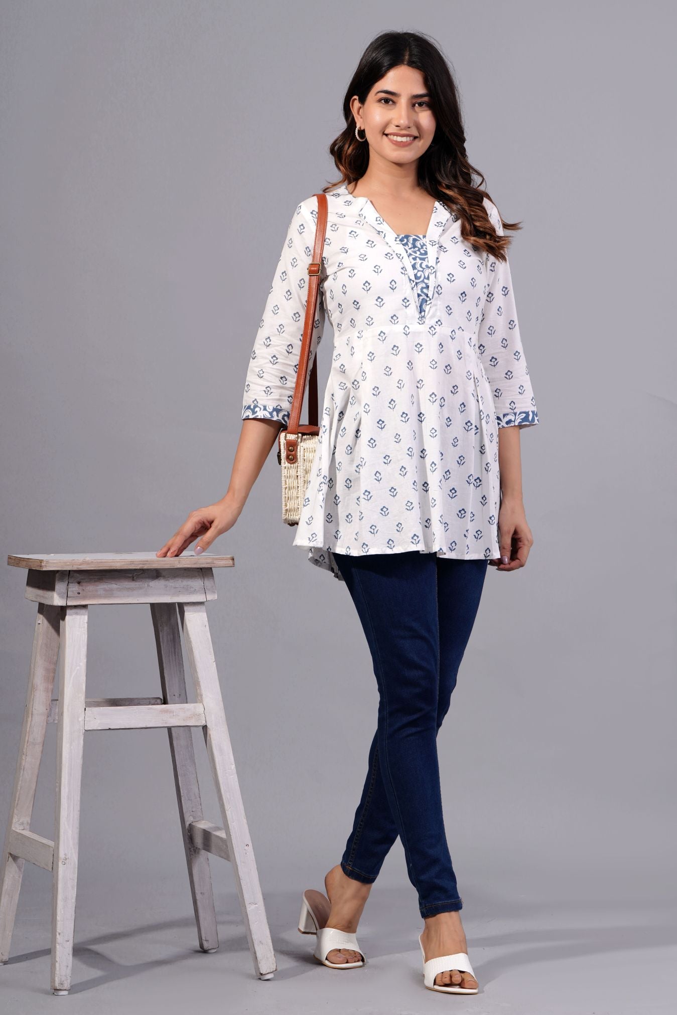 White & Blue Floral Printed Cotton Peplum Top