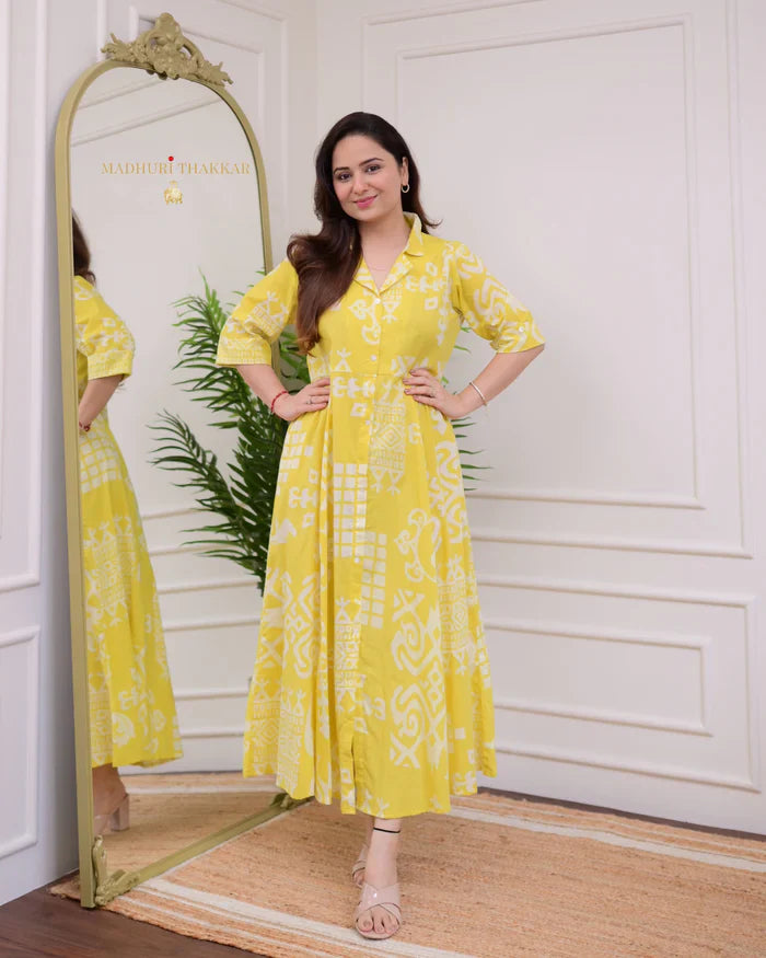 Yellow Geometric Cotton A Line Dress