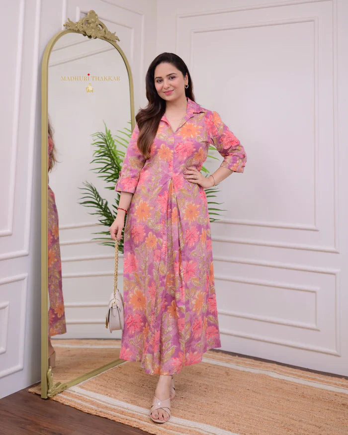 Lavender Orange Floral Cotton A Line Dress